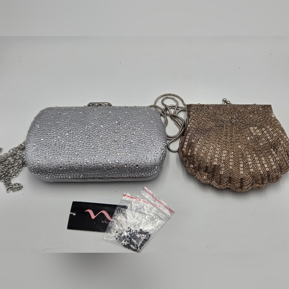 Valerie Stevens Silver Rhinestone Minaudière; NINA Gold Shell Evening Clutch Set